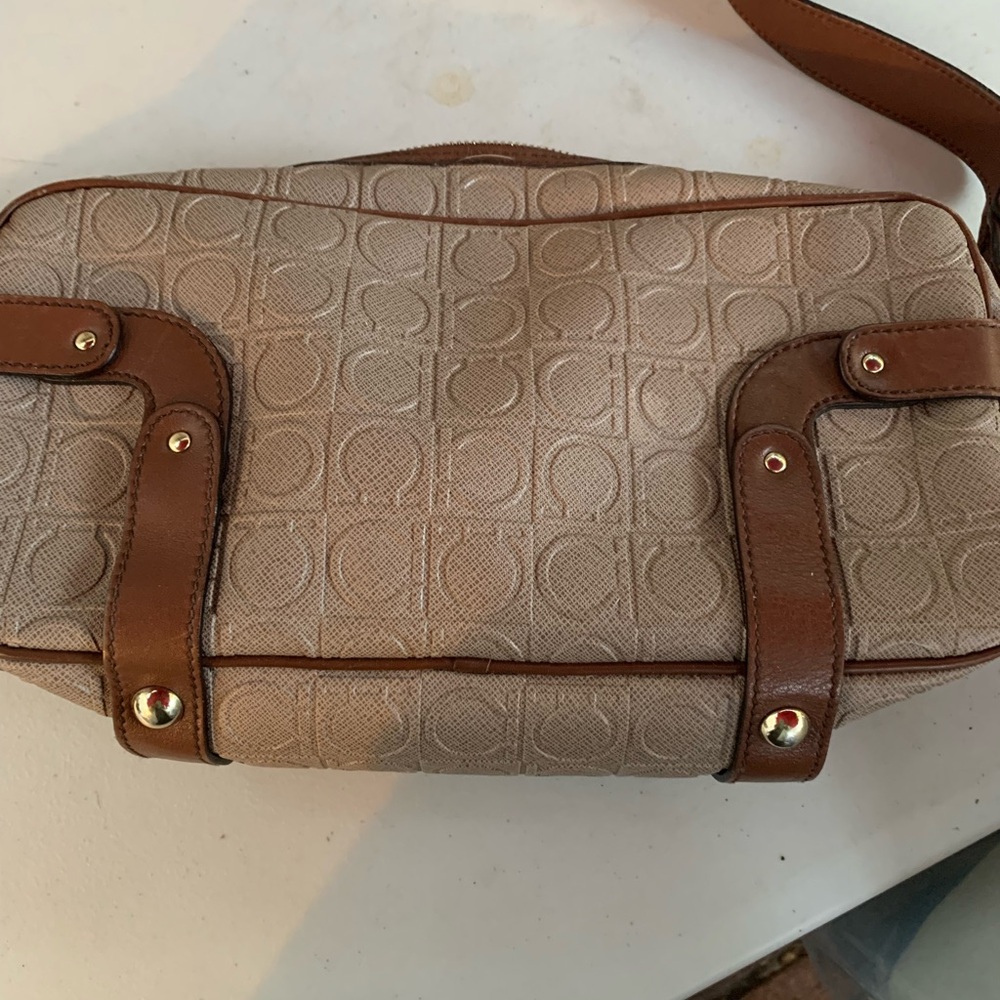 Salvatore Ferragamo Brown Tan Shoulder Bag with Embossed Pattern